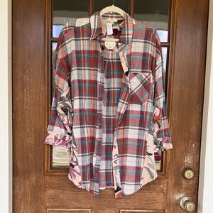 ODDY Plaid Button-Up Shirt in Red, Teal, Cream